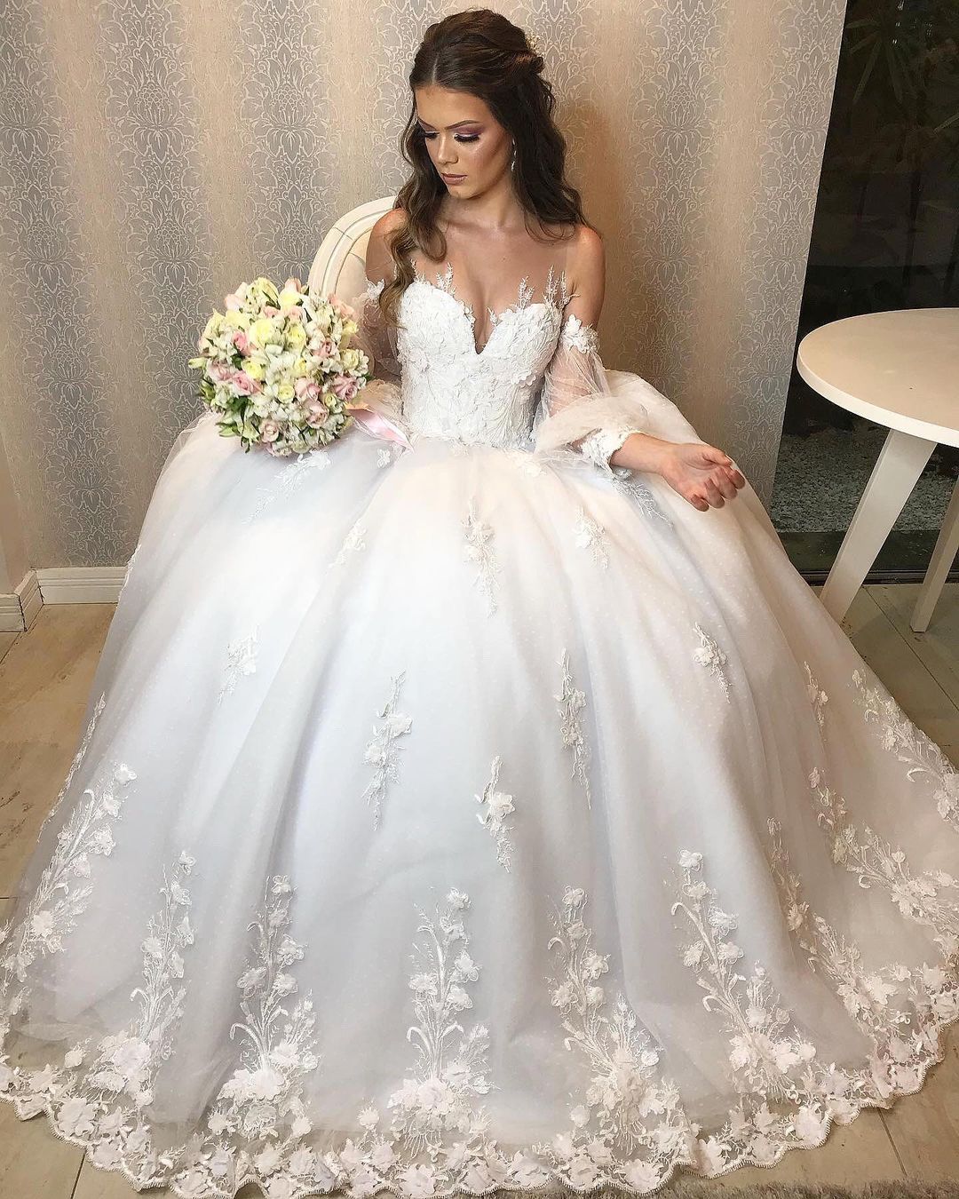 Elegant Long A-line Princess Off the Shoulder Tulle Wedding Dress with Bubble Sleeves