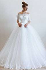 Long Off the Shoulder Lace Tulle Ball Gown Wedding Dress with Sleeves