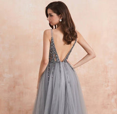 Long A-line V-neck Spaghetti Straps Beading Open Back Tulle Split Prom Dress
