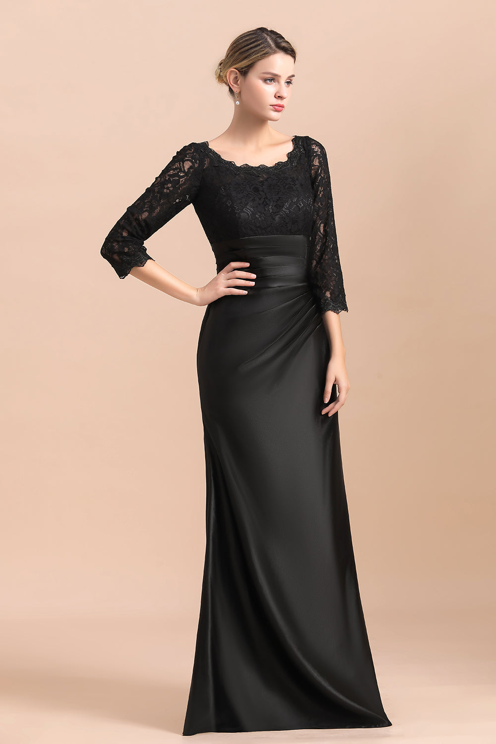 Elegant 3/4 Sleeves Black Satin Lace Ruffles Evening Dresses