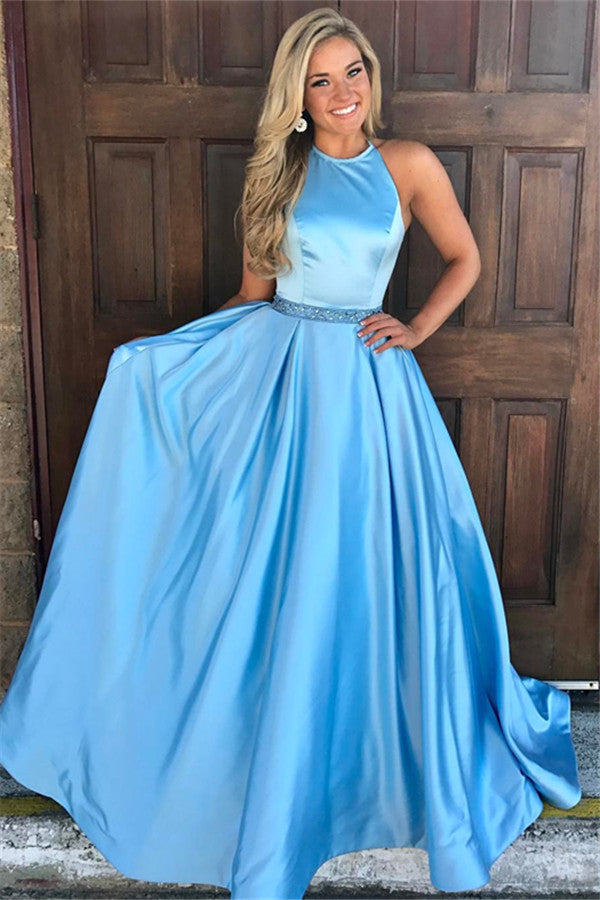 Long A-line Halter Satin Prom Dress