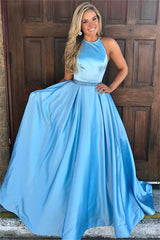 Long A-line Halter Satin Prom Dress