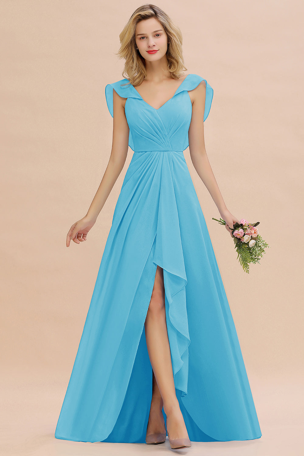 Simple High Low A-line V-Neck Ruffles Chiffon Pool Bridesmaid Dress