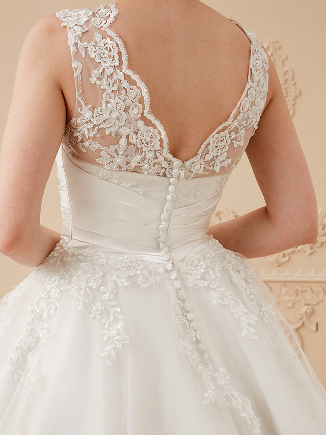 Short A-Line Satin Lace Ankle Length Vintage Wedding Dresses