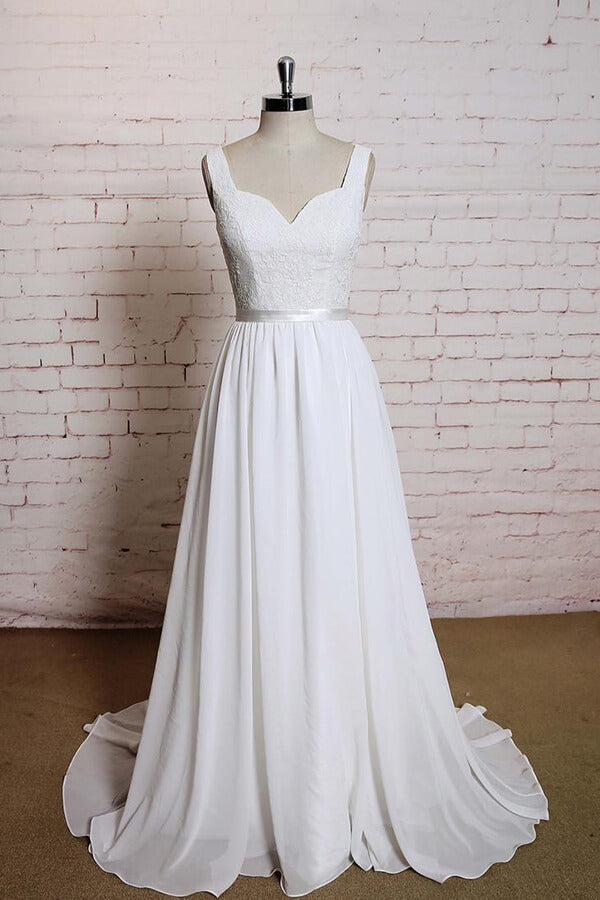 Sweetheart Long Lace Chiffon A-line Backless Wedding Dress