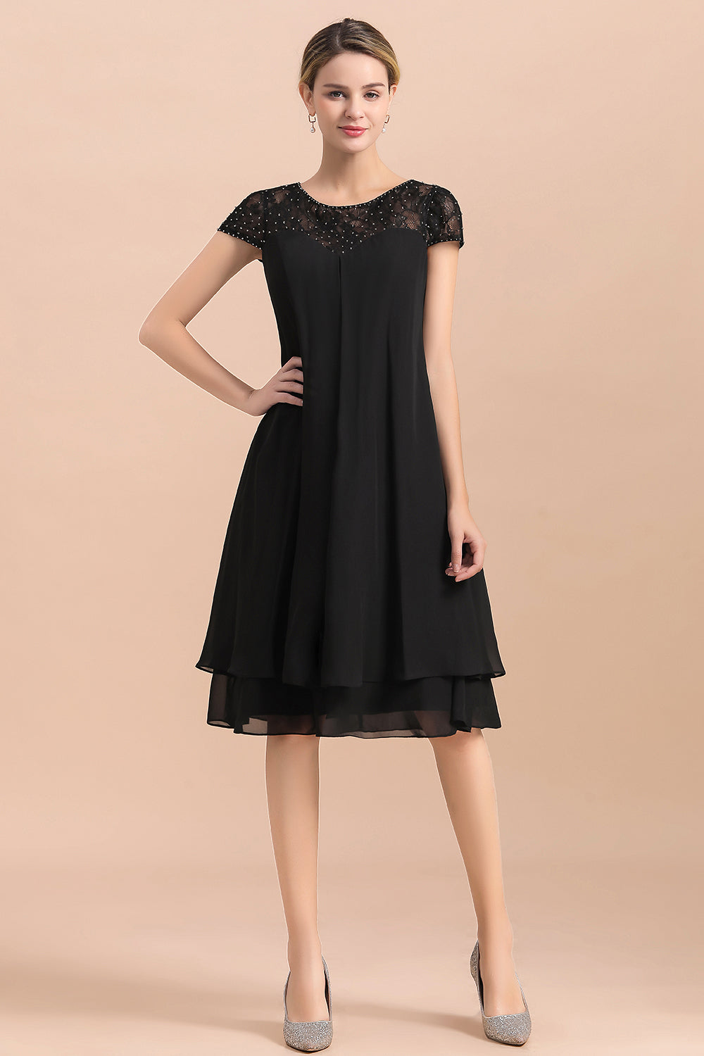 Chiffon Black Cap Sleeve Short Mother of Bride Dress