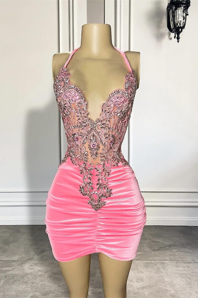 Short Halter V-Neck Mermaid Appliques Beaded Velvet Party Dress