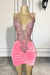 Short Halter V-Neck Mermaid Appliques Beaded Velvet Party Dress