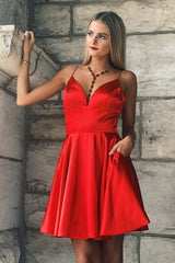 Short A-line V-neck Sleeveless Satin Backless Homecoming Dresses with Pockets