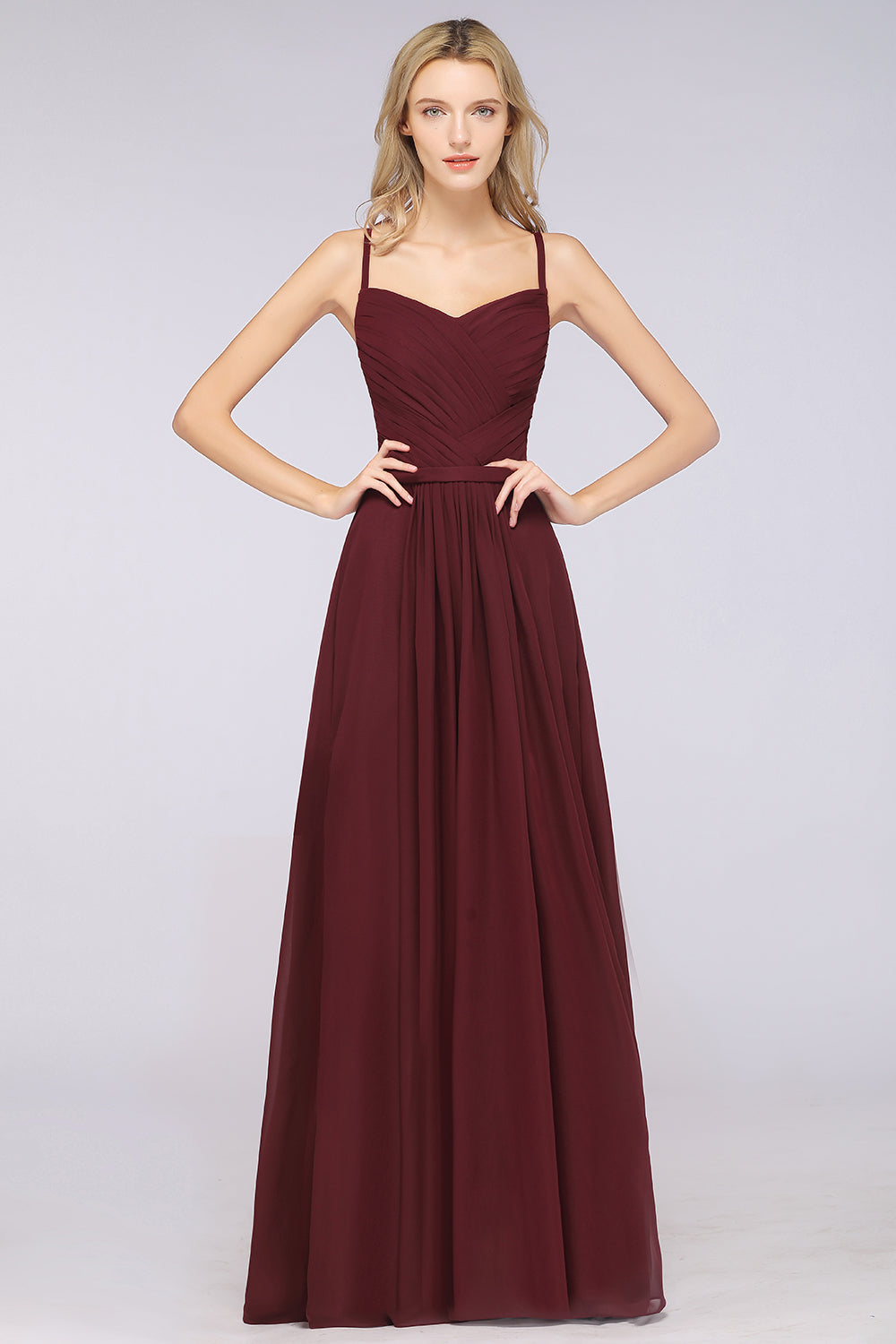 A-Line Chiffon Spaghetti Straps Sweetheart Sleeveless Floor Length Bridesmaid Dress with Ruffles
