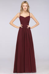 A-Line Chiffon Spaghetti Straps Sweetheart Sleeveless Floor Length Bridesmaid Dress with Ruffles