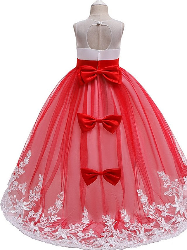 Long Ball Gown Tulle Sleeveless Jewel Neck Wedding Party Flower Girl Dresses With Bow