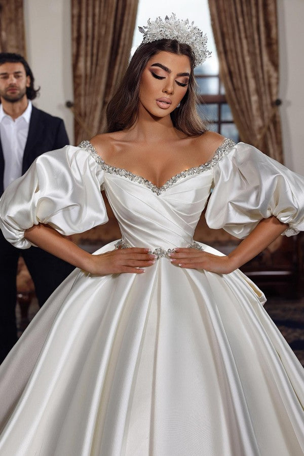 Elegant Long Ball Gown Off the Shoulder Satin Wedding Dresses with Sleeves
