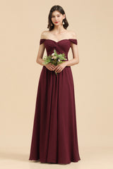 Burgundy Long A-line Off the Shoulder Chiffon Wedding Guest Dress