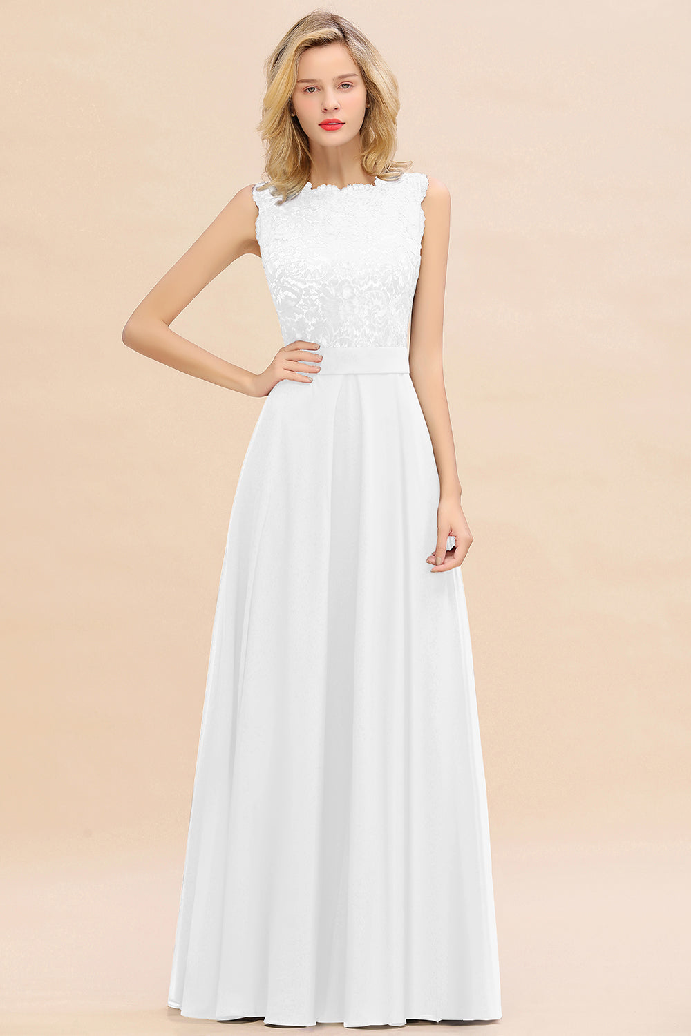 Long A-line Chiffon Lace Sleeveless Bridesmaid Dresses