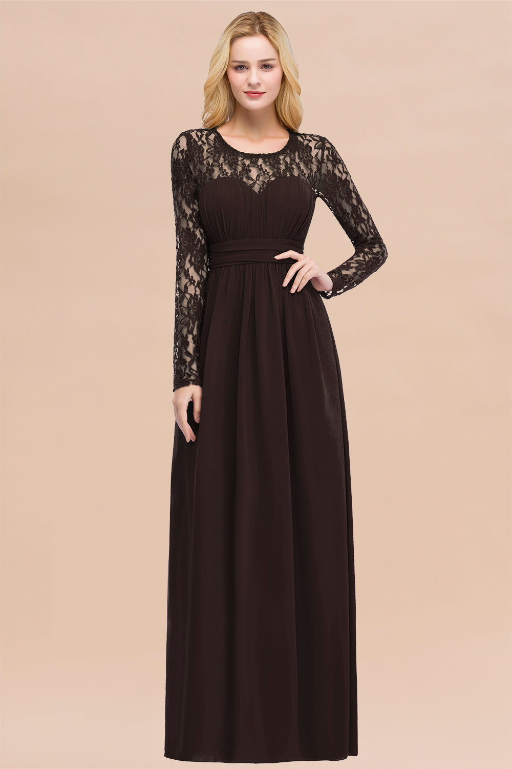 Elegant A-Line Chiffon Jewel Long Sleeves Ruffles Floor Length Bridesmaid Dresses