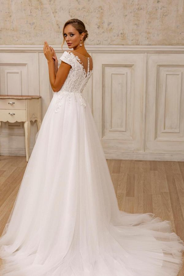 Long A-line V-Neck Off the Shoulder Floor Length Lace Tulle Wedding Dresses