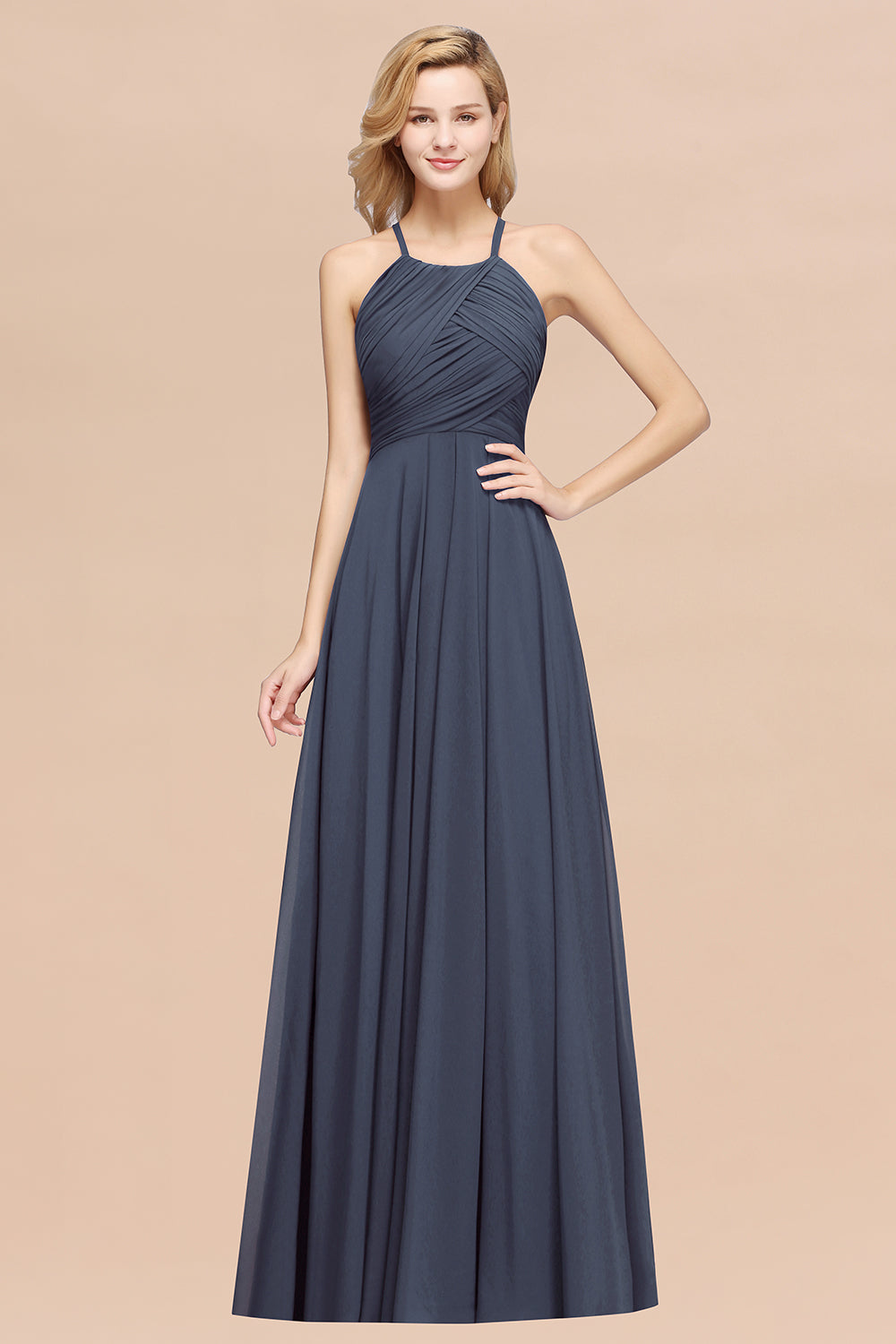 A-Line Chiffon Halter Ruffles Floor Length Bridesmaid Dress