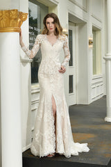 Elegant V-Neck Long Sleeve Satin Lace Mermaid Wedding Dress