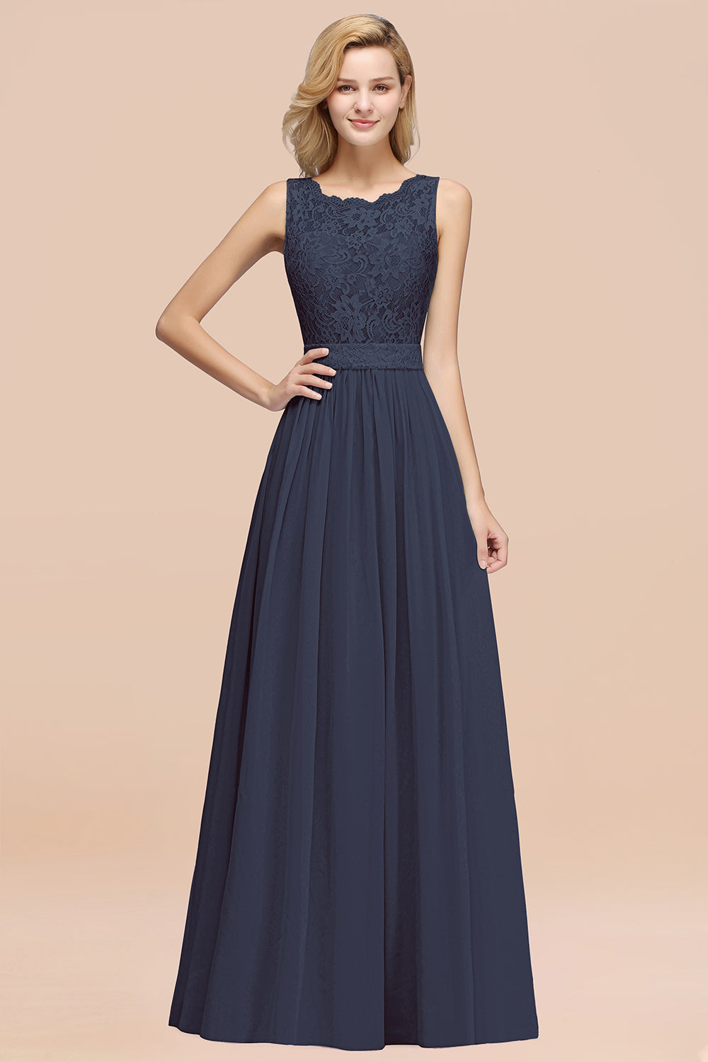 Chiffon A-Line Lace Scalloped Sleeveless Long Ruffles Bridesmaid Dress