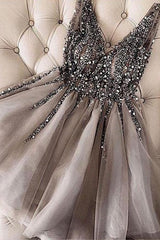 Modest Silver Short A-line V-neck Tulle Homecoming Dress