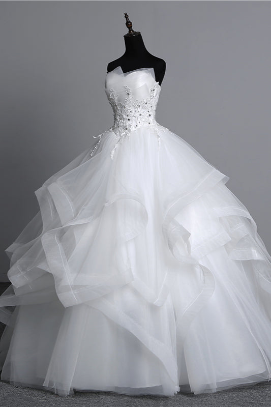 Gorgeous Long Ball Gowns Strapless Tulle Layers Wedding Dress Appliques Beadings