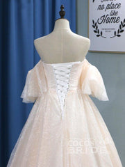 Long Off the Shoulder Half Sleeves Tulle Ball Gown Wedding Dresses