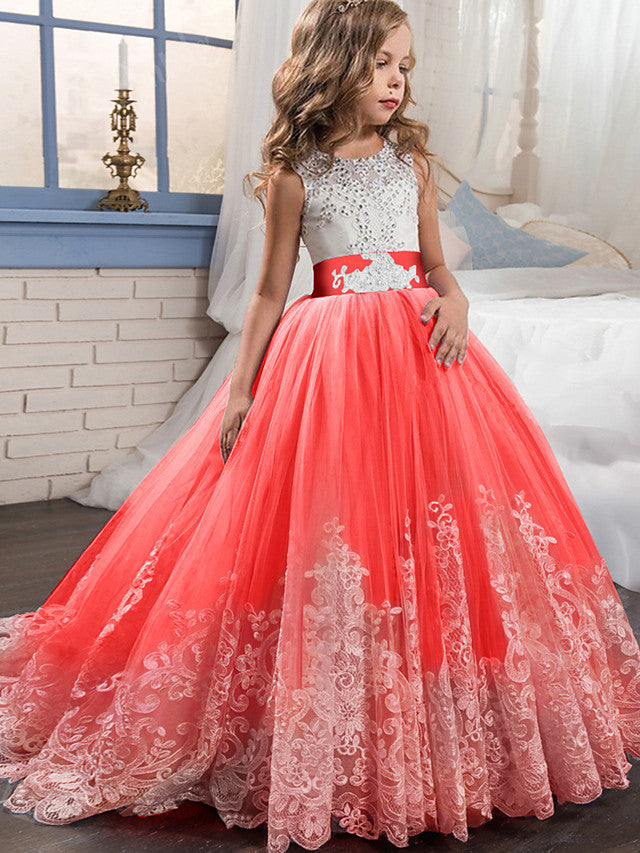 Long A-line Tulle Lace Sleeveless Jewel Neck Pageant Flower Girl Dresses