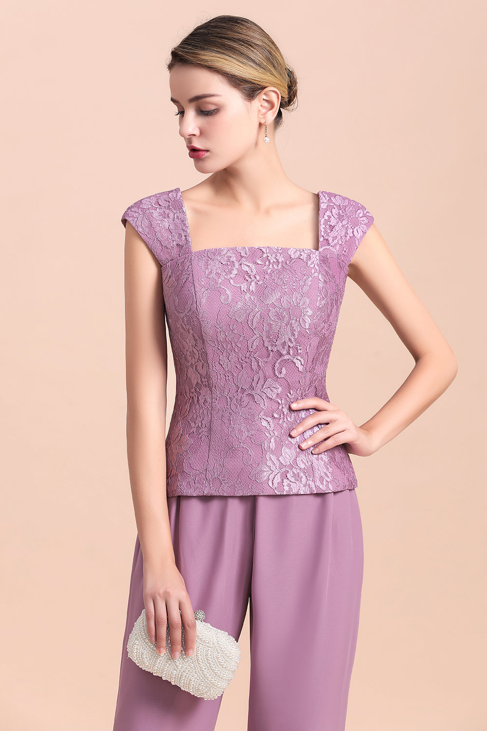 Elegant Lace Cap Sleeves Chiffon Mother of Bride Jumpsuit With Wrap