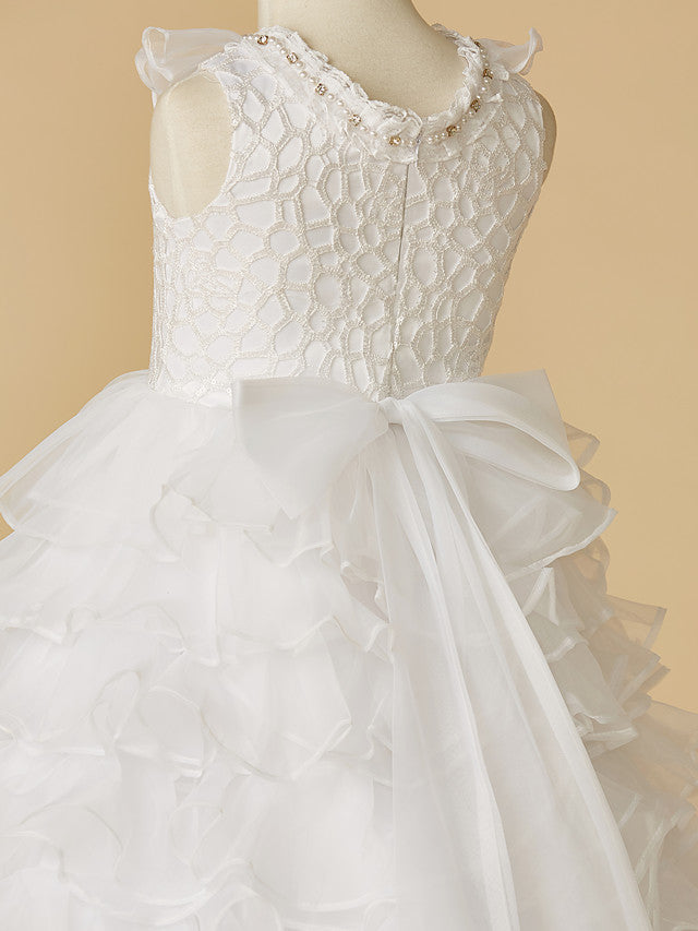 White Long A-line Tulle Lace Sleeveless First Communion Flower Girl Dresses