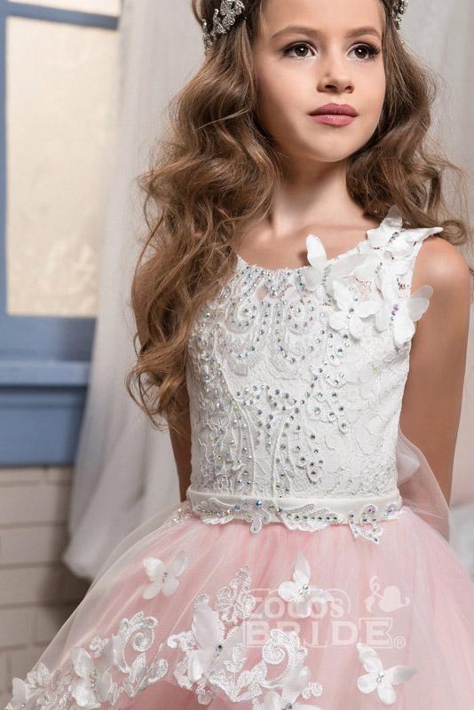 Long Tulle Lace Scoop Neck Sleeveless Ball Gown Flower Girl Dress
