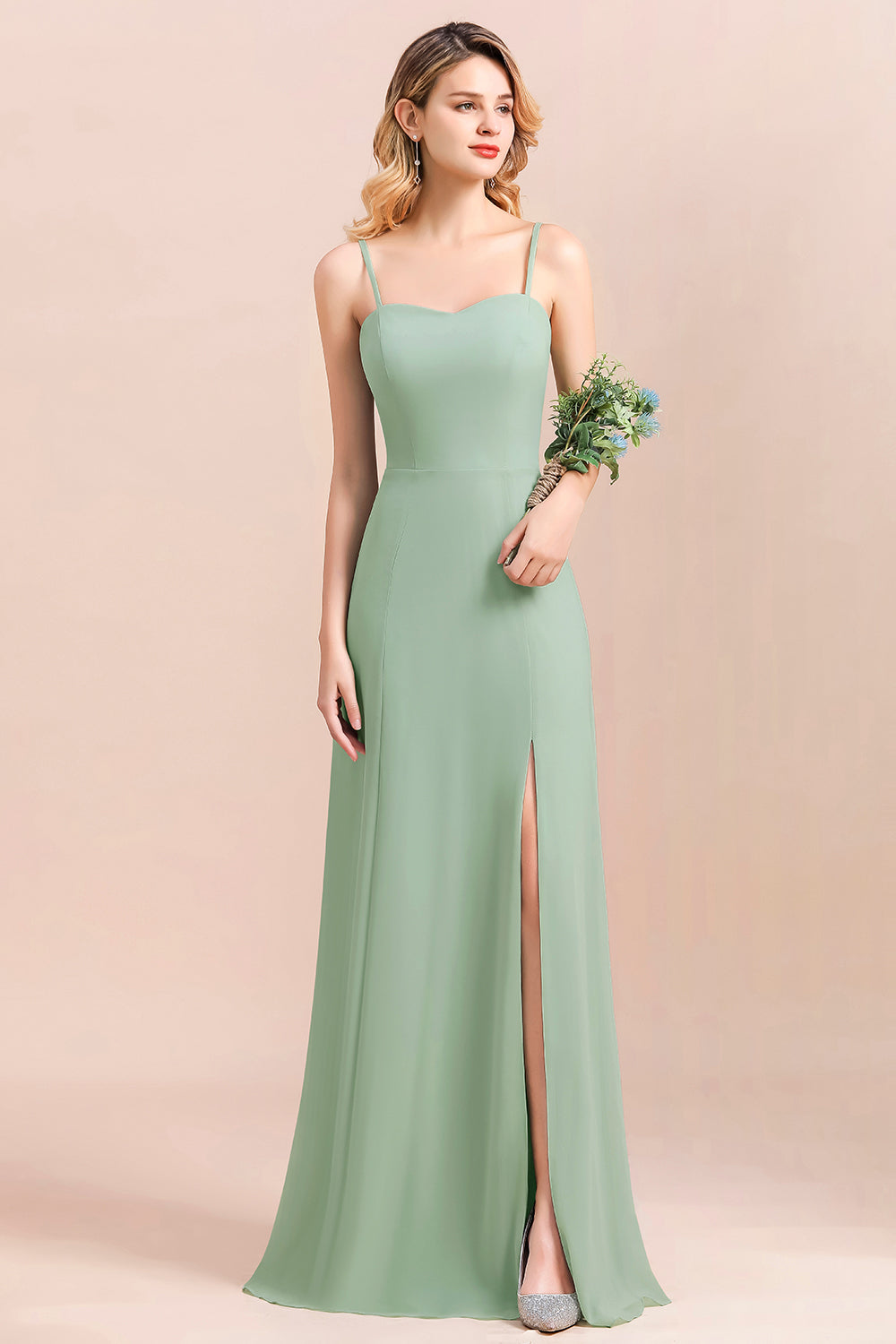 Romantic Sage Long Spaghetti Straps A-Line Chiffon Bridesmaid Dress With Side Slit