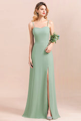 Romantic Sage Long Spaghetti Straps A-Line Chiffon Bridesmaid Dress With Side Slit