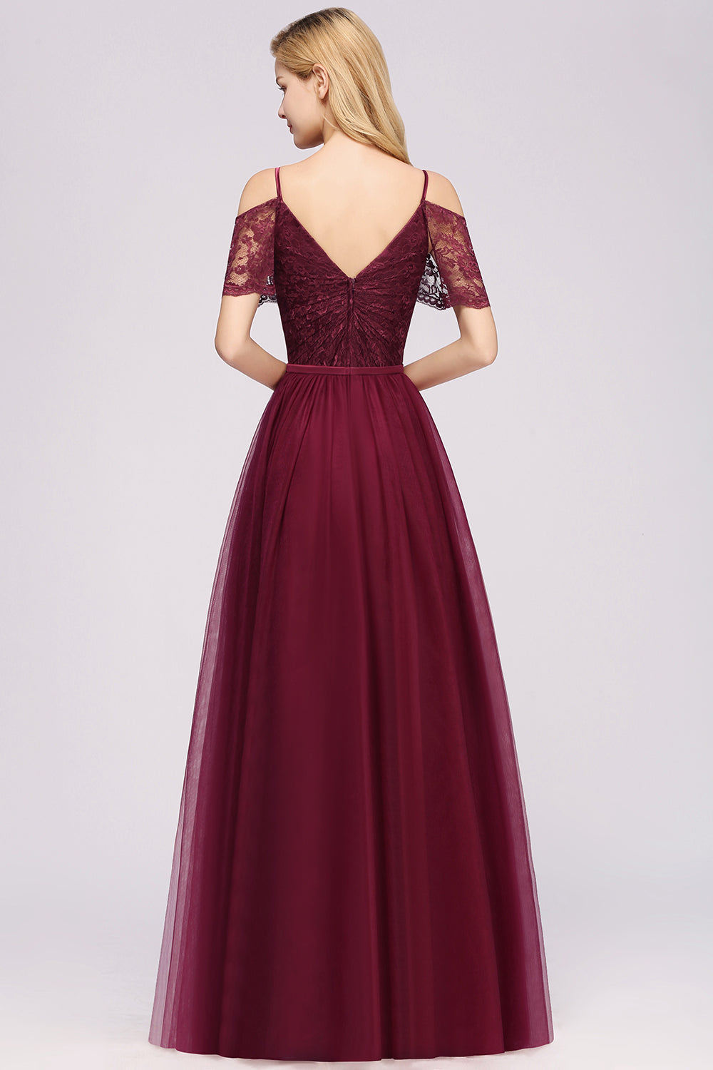 A-Line Chiffon Lace Sweetheart Spaghetti Straps Short Sleeves Floor Length Bridesmaid Dresses with Ruffles