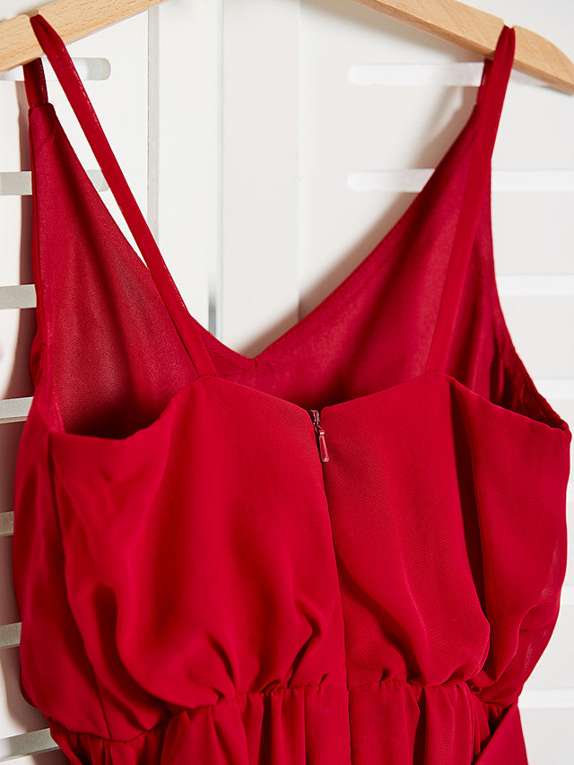 Red Long A-line Spaghetti Strap V-neck Chiffon Junior Bridesmaid Dress