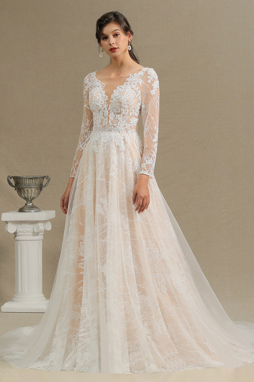 Elegant Long Sleeve Sweetheart Rulle Tulle A-line Wedding Dress