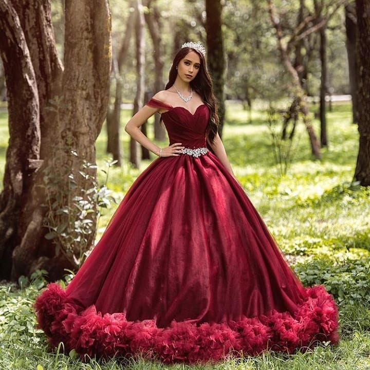 Burgundy Long Ball Gown Off the Shoulder Tulle Wedding Dresses