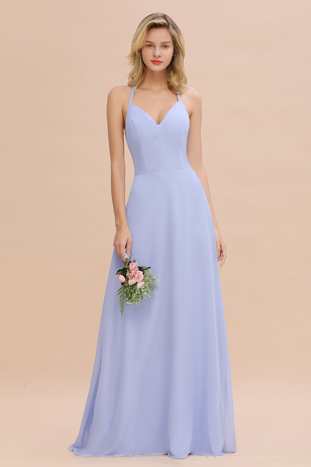 Stylish Chiffon Spaghetti Straps Sleeveless Long Bridesmaid Dress