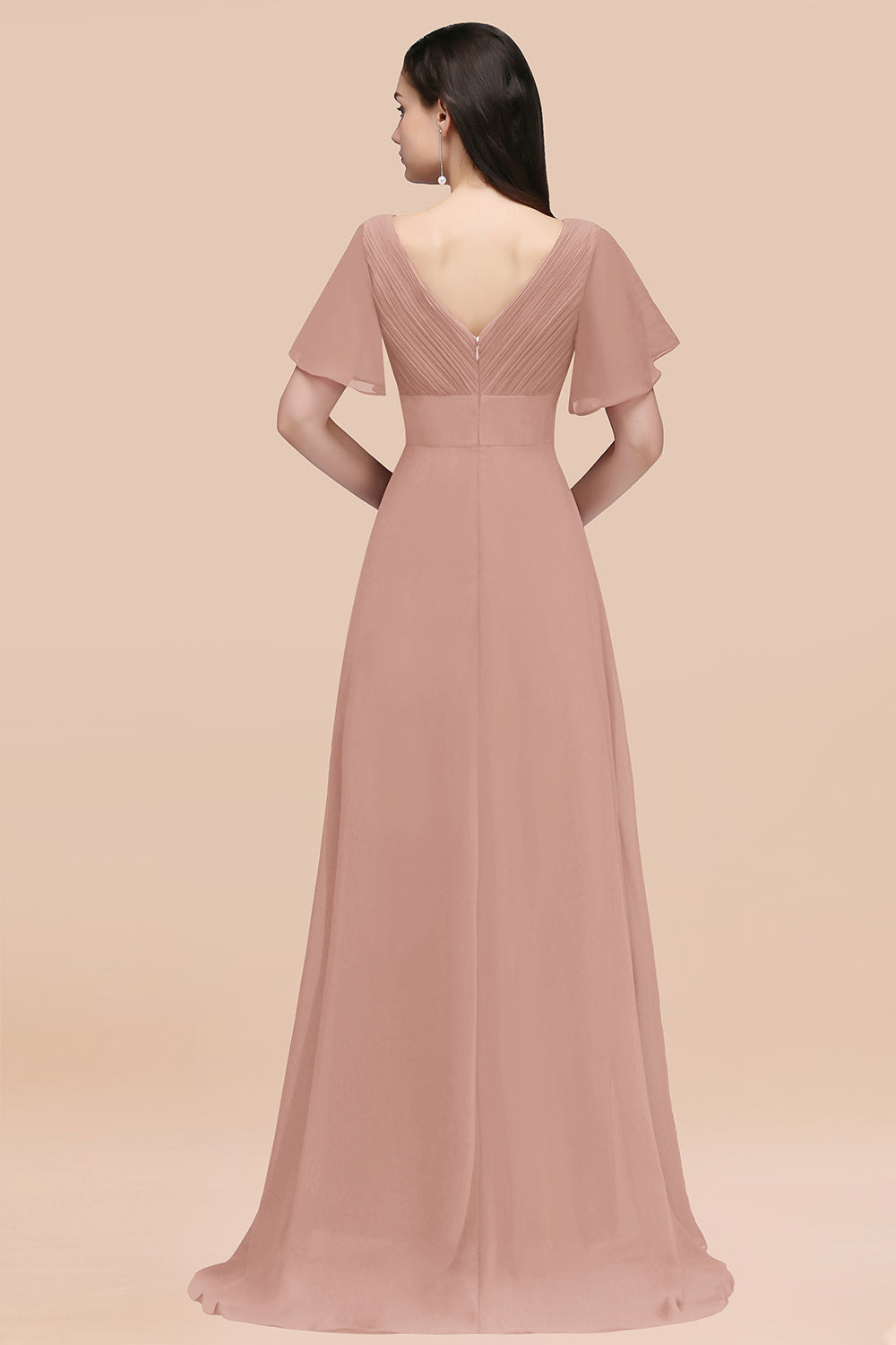 Simple A-Line Chiffon V-Neck Short Sleeves Ruffles Floor Length Bridesmaid Dresses