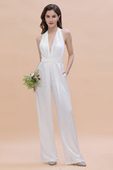 White Deep V-neck Halter Wide Straps Open Back Jumpsuit With Pockets