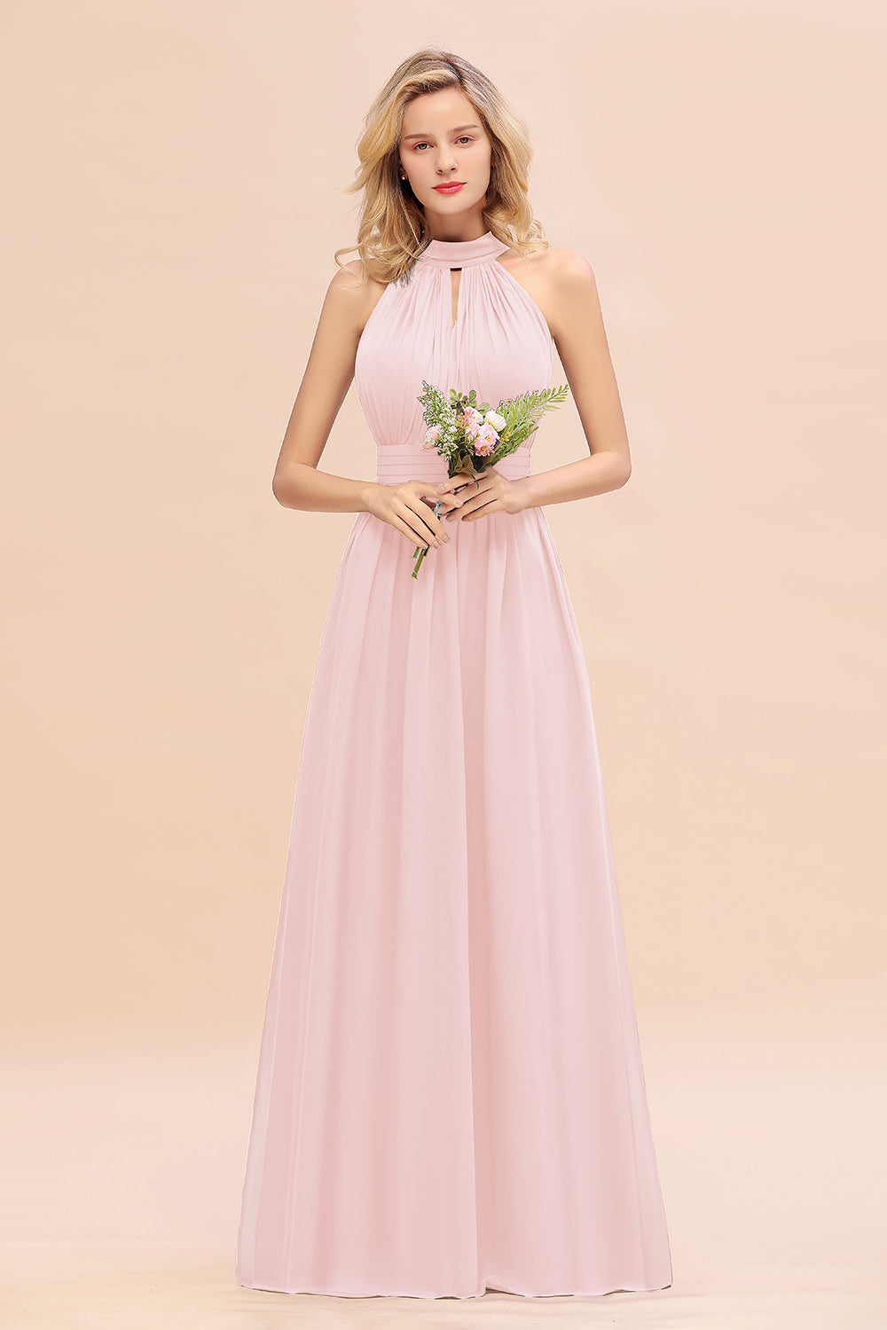 Dusty Sage Long High Neck Chiffon Bridesmaid Dresses with Ruffle