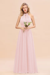 Dusty Sage Long High Neck Chiffon Bridesmaid Dresses with Ruffle