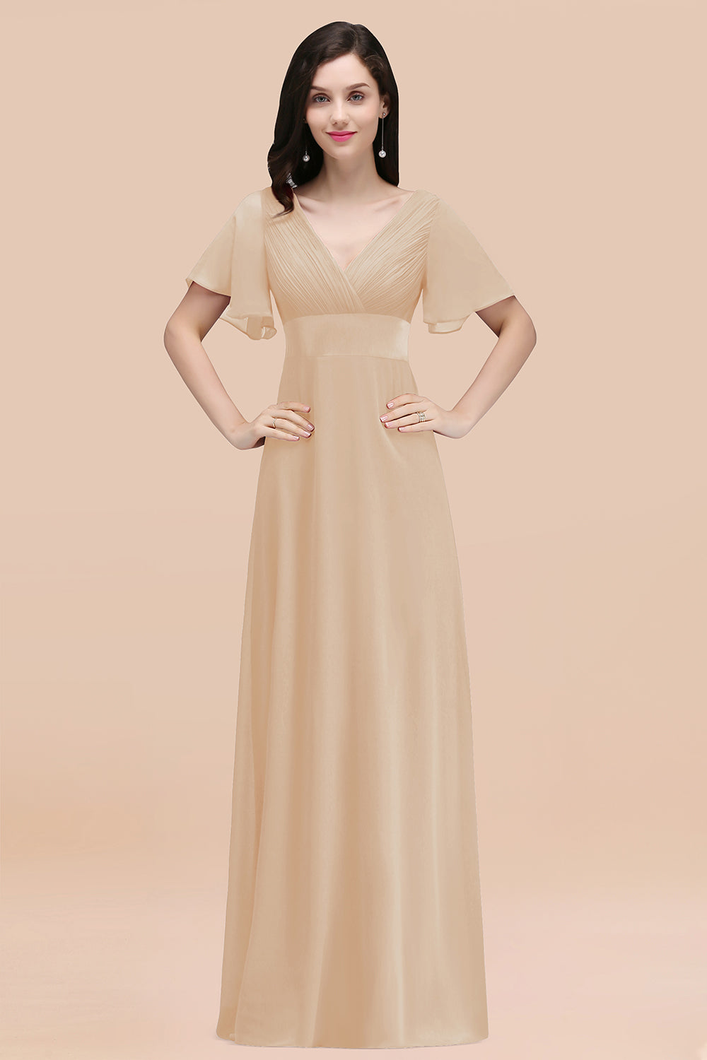 Simple A-Line Chiffon V-Neck Short Sleeves Ruffles Floor Length Bridesmaid Dresses