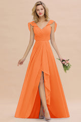 Simple High Low A-line V-Neck Ruffles Chiffon Orange Bridesmaid Dress