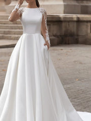 Long A-Line Jewel Lace Satin Long Sleeve Wedding Dresses with Pockets