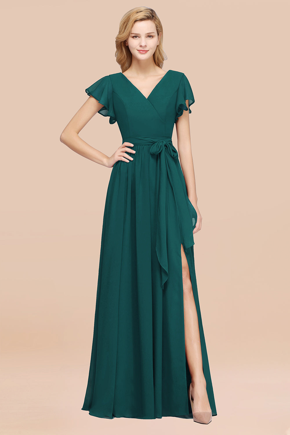 A-line Chiffon V-Neck Short Sleeves Floor Length Bridesmaid Dresses with Bow Sash