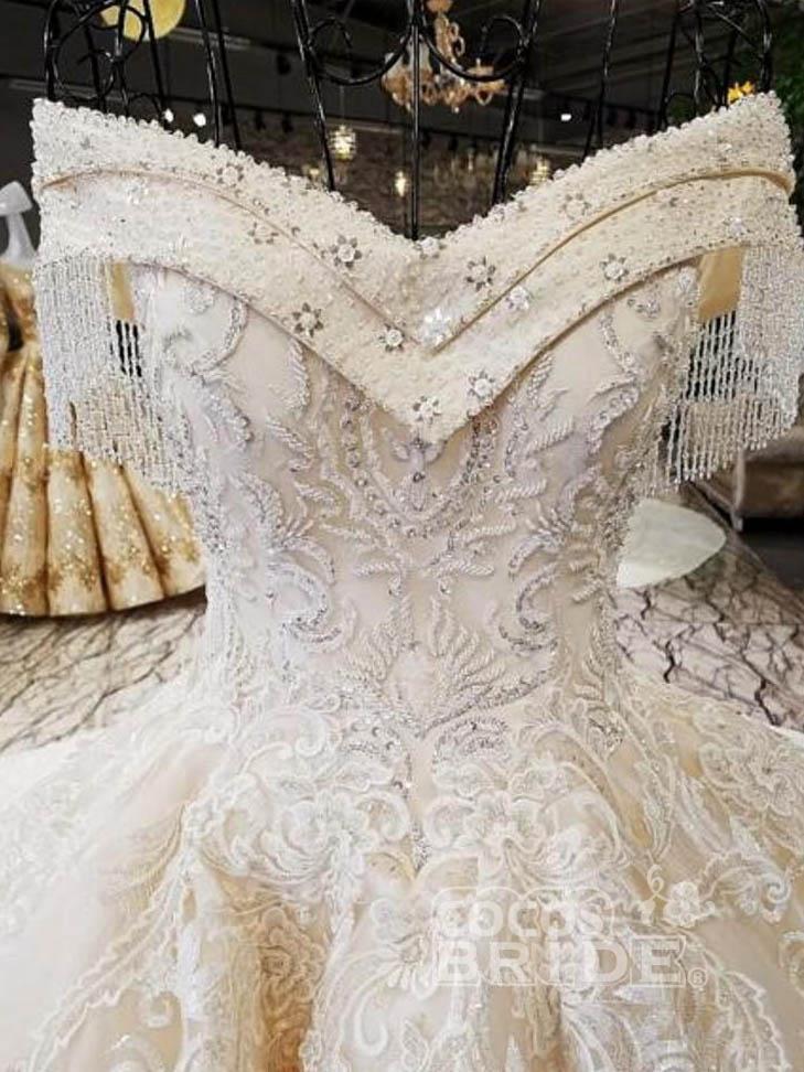 Long Off the Shoulder Ball Gown Wedding Dresses Beaded Appliques