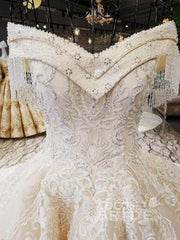 Long Off the Shoulder Ball Gown Wedding Dresses Beaded Appliques