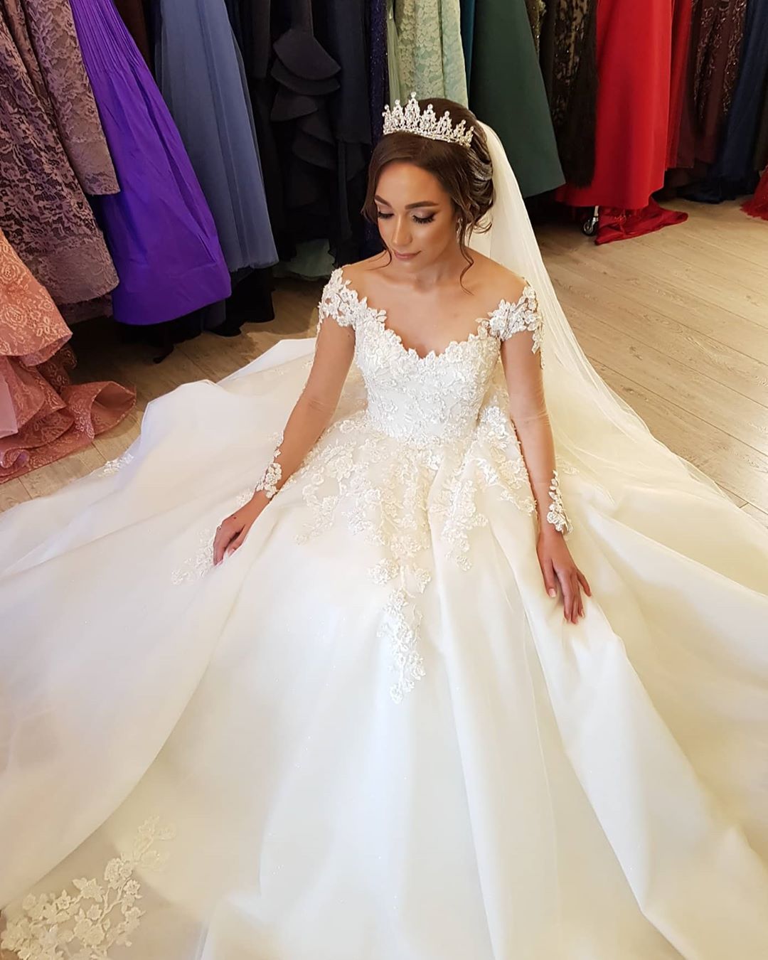 Gorgeous Long A-line Tulle Lace Off the Shoulder Wedding Dress with Long Sleeves