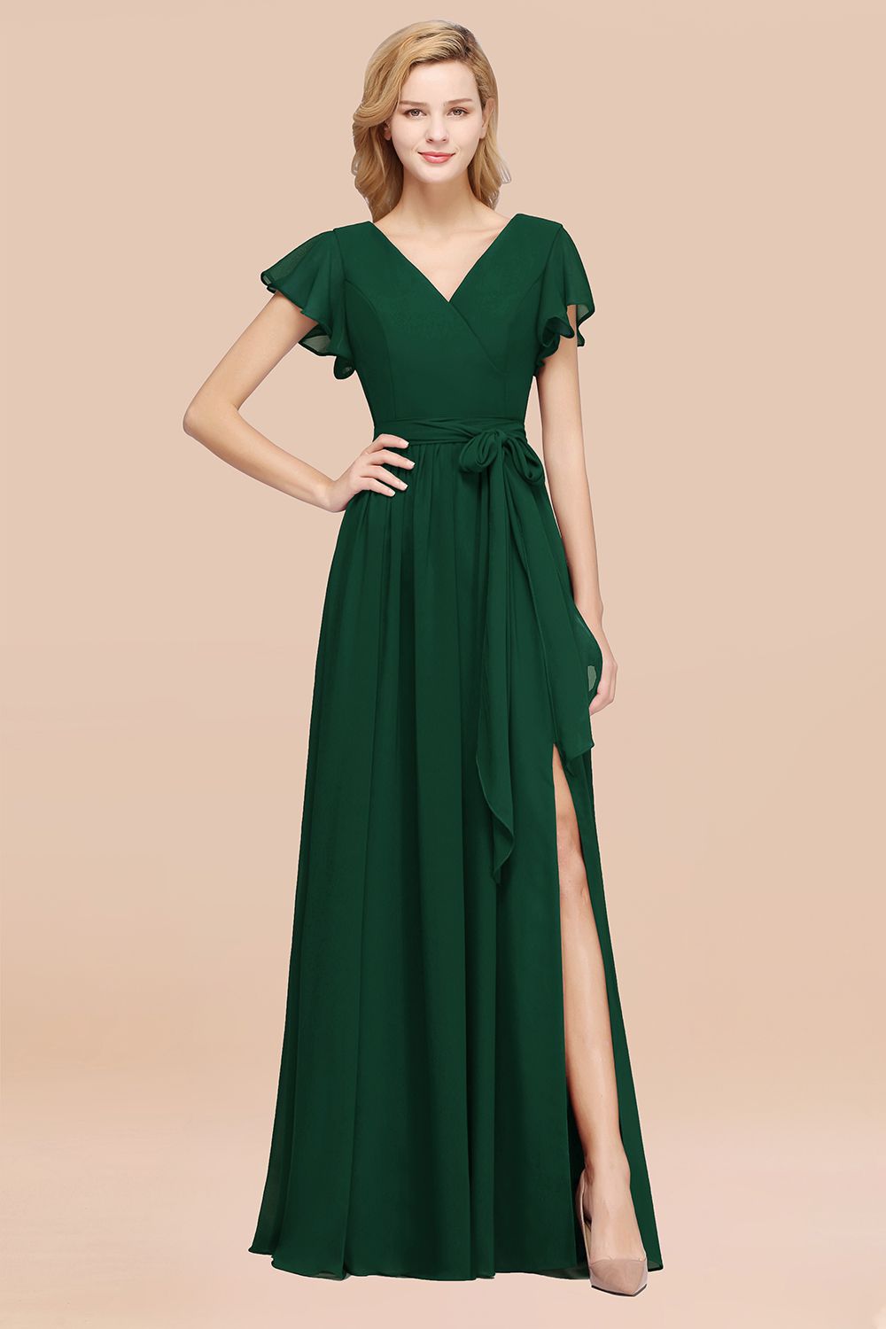 A-line Chiffon V-Neck Short Sleeves Floor Length Bridesmaid Dresses with Bow Sash